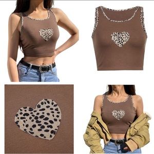 Women’s animal print heart brown tank crop top XS